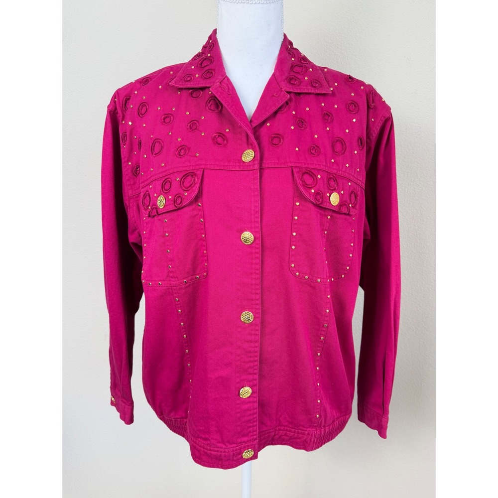 VTG Womens Denim Chambray Jacket M Pink Gold Embellished 80s Y2K Retro